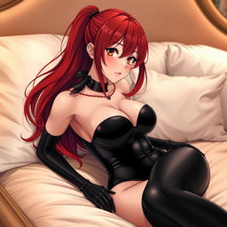 A sexy anime-style girl with long, flowing red hair and large breasts, dressed in a tight black latex bodysuit, adorned with matching black stockings and gloves