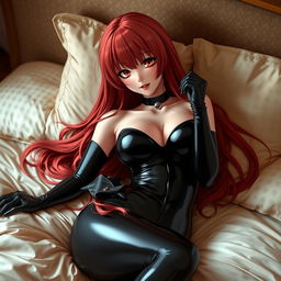 A sexy anime-style girl with long, flowing red hair and large breasts, dressed in a tight black latex bodysuit, adorned with matching black stockings and gloves