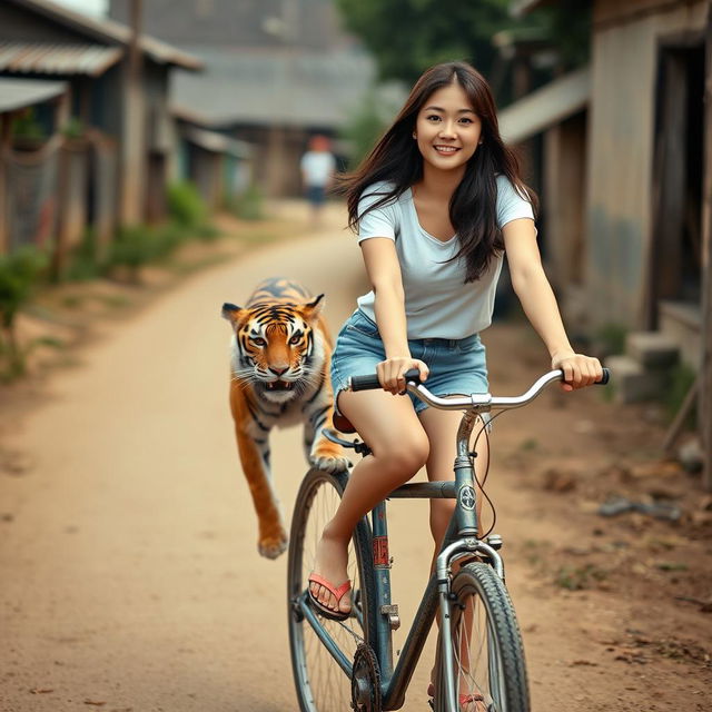 A beautiful Korean woman wearing a white t-shirt, short denim jeans, and flip flops, riding a bicycle while pulling a tiger tied to the back