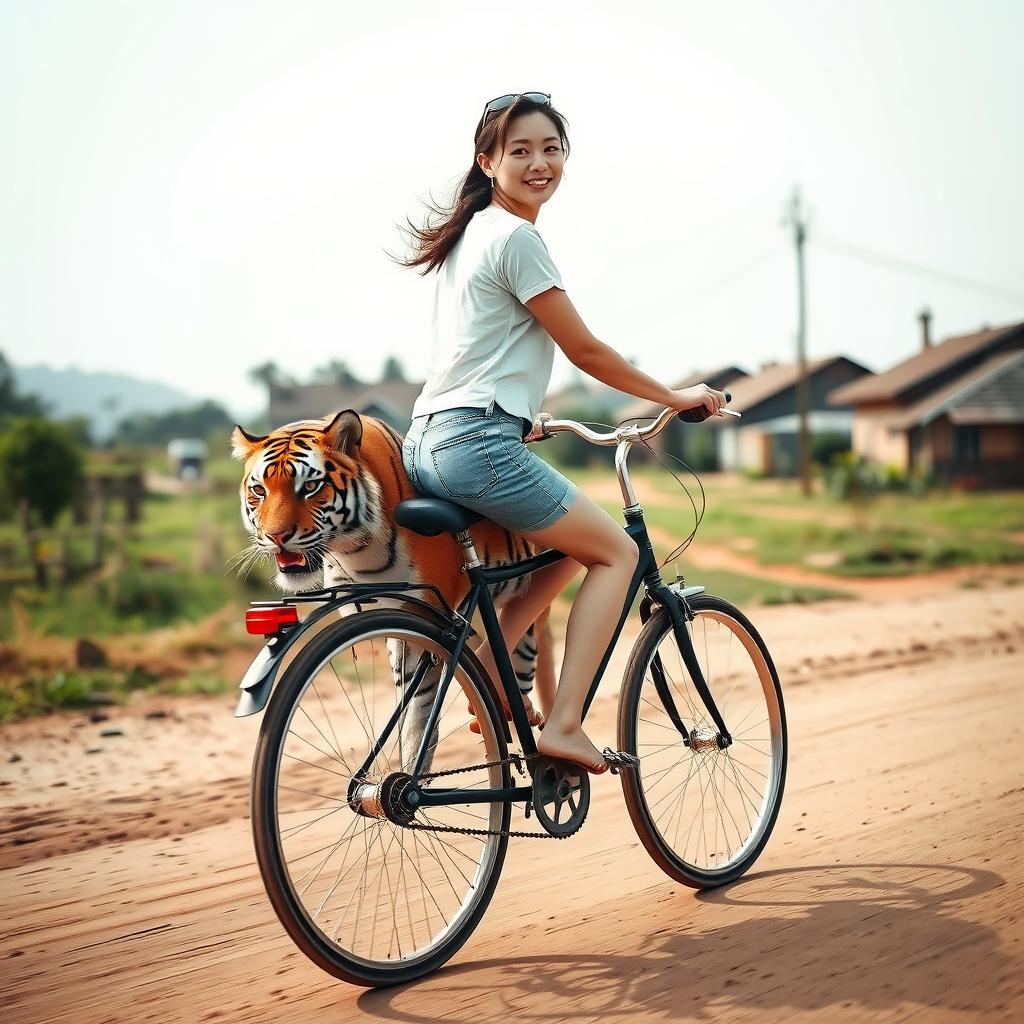 A beautiful Korean woman wearing a white t-shirt, short denim jeans, and flip flops, riding a bicycle while pulling a tiger tied to the back
