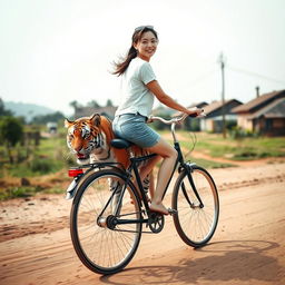 A beautiful Korean woman wearing a white t-shirt, short denim jeans, and flip flops, riding a bicycle while pulling a tiger tied to the back