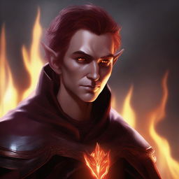 This digital art image vividly illustrates a male Fall Eladrin Elf, in the role of a cleric