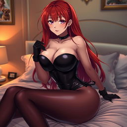 A seductive anime girl with long, flowing red hair and curvaceous figure, prominently featuring large breasts, dressed in a form-fitting black latex bodysuit