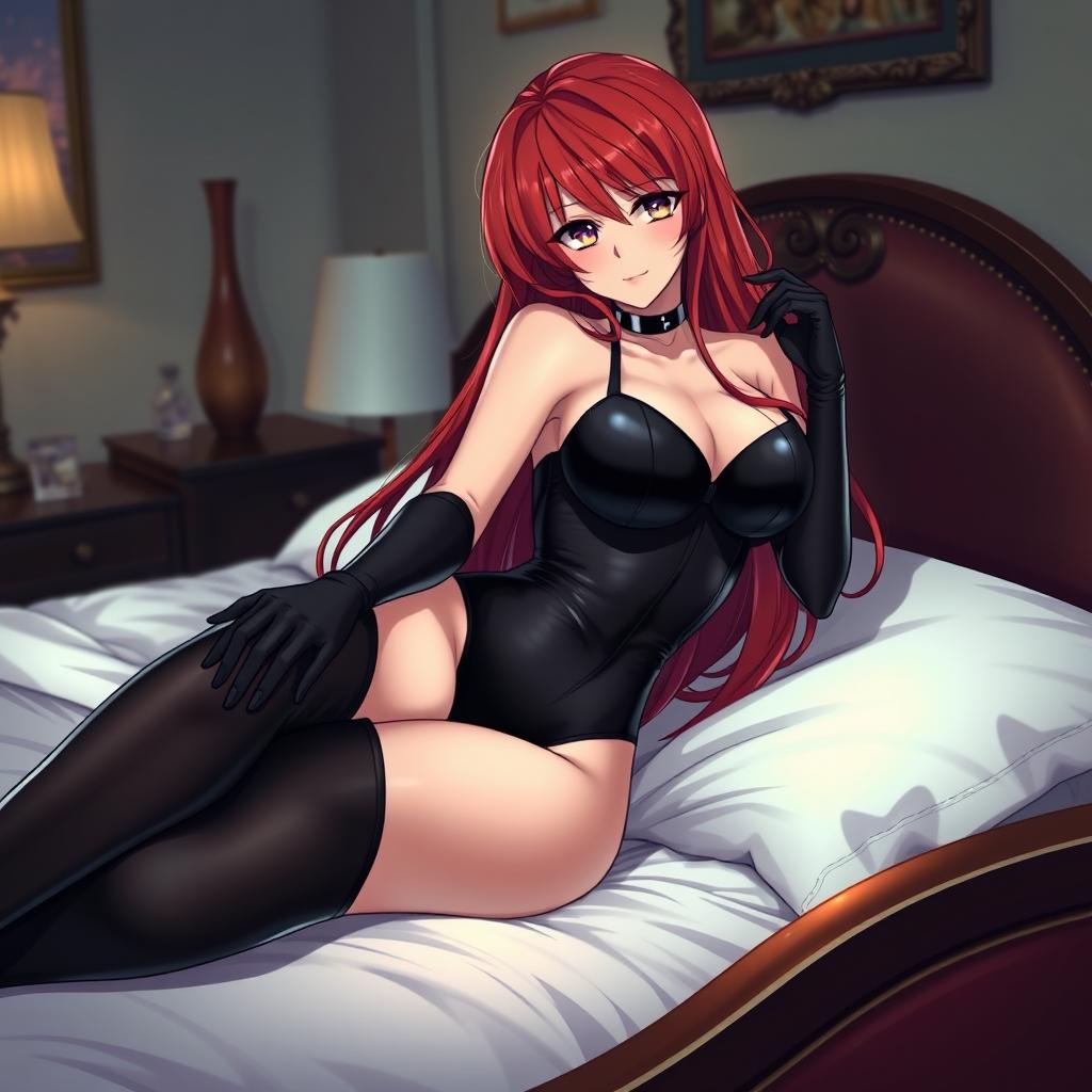 A seductive anime girl with long, flowing red hair and curvaceous figure, prominently featuring large breasts, dressed in a form-fitting black latex bodysuit