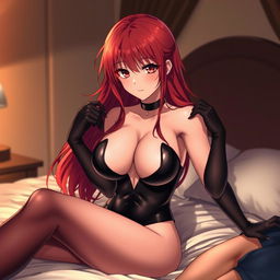 A seductive anime girl with long, flowing red hair and curvaceous figure, prominently featuring large breasts, dressed in a form-fitting black latex bodysuit