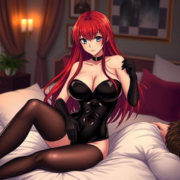 A seductive anime girl with long, flowing red hair and curvaceous figure, prominently featuring large breasts, dressed in a form-fitting black latex bodysuit