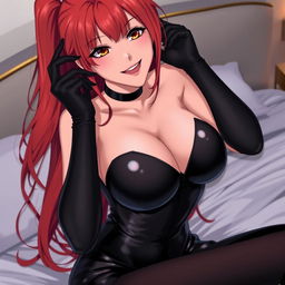 A seductive anime girl with long, flowing red hair and an alluring smile, wearing a sleek black latex bodysuit that accentuates her curves
