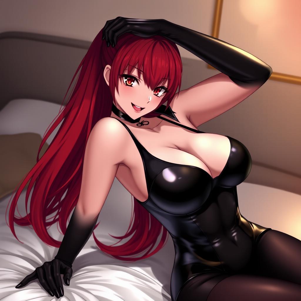 A seductive anime girl with long, flowing red hair and an alluring smile, wearing a sleek black latex bodysuit that accentuates her curves