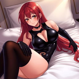 A seductive anime girl with long, flowing red hair and an alluring smile, wearing a sleek black latex bodysuit that accentuates her curves
