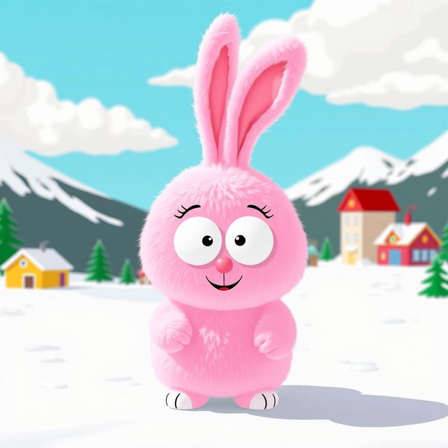 A playful and whimsical pink fuzzy wuzzy bunny character inspired by the South Park animation style