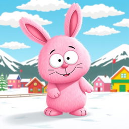 A playful and whimsical pink fuzzy wuzzy bunny character inspired by the South Park animation style
