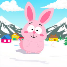 A playful and whimsical pink fuzzy wuzzy bunny character inspired by the South Park animation style