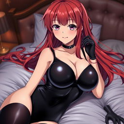 A sexy anime girl with long, vibrant red hair cascading over her shoulders, featuring a playful expression and large breasts that are emphasized by her tight black latex bodysuit