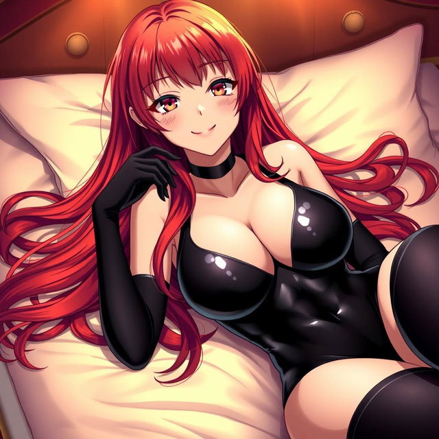 A sexy anime girl with long, vibrant red hair cascading over her shoulders, featuring a playful expression and large breasts that are emphasized by her tight black latex bodysuit