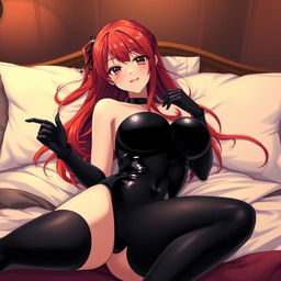 A sexy anime girl with long, vibrant red hair cascading over her shoulders, featuring a playful expression and large breasts that are emphasized by her tight black latex bodysuit