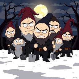 A mischievous and evil group of gnomes in the style of South Park