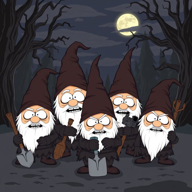 A mischievous and evil group of gnomes in the style of South Park