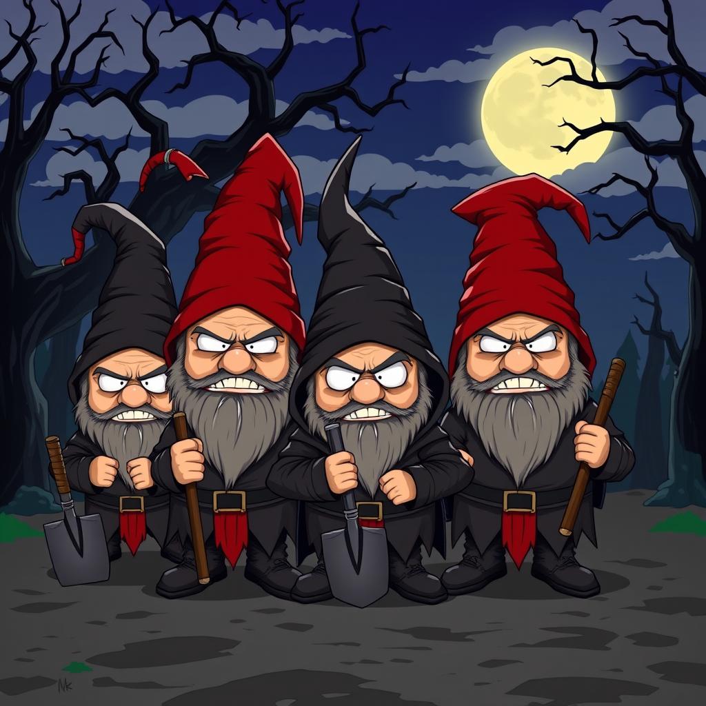 A mischievous and evil group of gnomes in the style of South Park