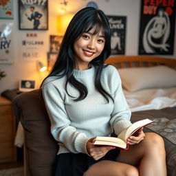A beautiful and sexy young Japanese college student wearing a tight sweater, sitting comfortably in her cozy bedroom