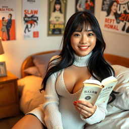 A beautiful and sexy young Japanese college student wearing a tight sweater, sitting comfortably in her cozy bedroom