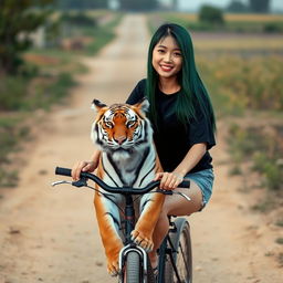 A beautiful Korean woman wearing a black t-shirt, short denim shorts, and flip-flops, with long straight green hair, is smiling softly while facing the camera