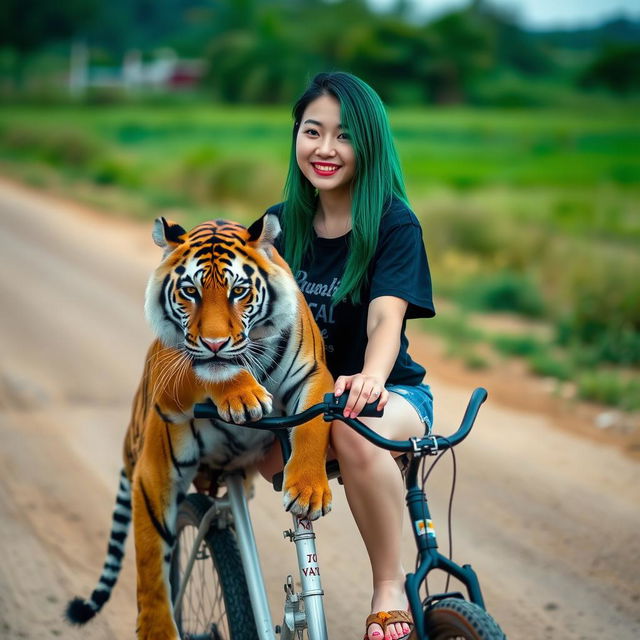 A beautiful Korean woman wearing a black t-shirt, short denim shorts, and flip-flops, with long straight green hair, is smiling softly while facing the camera