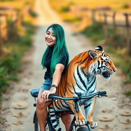 A beautiful Korean woman wearing a black t-shirt, short denim shorts, and flip-flops, with long straight green hair, is smiling softly while facing the camera