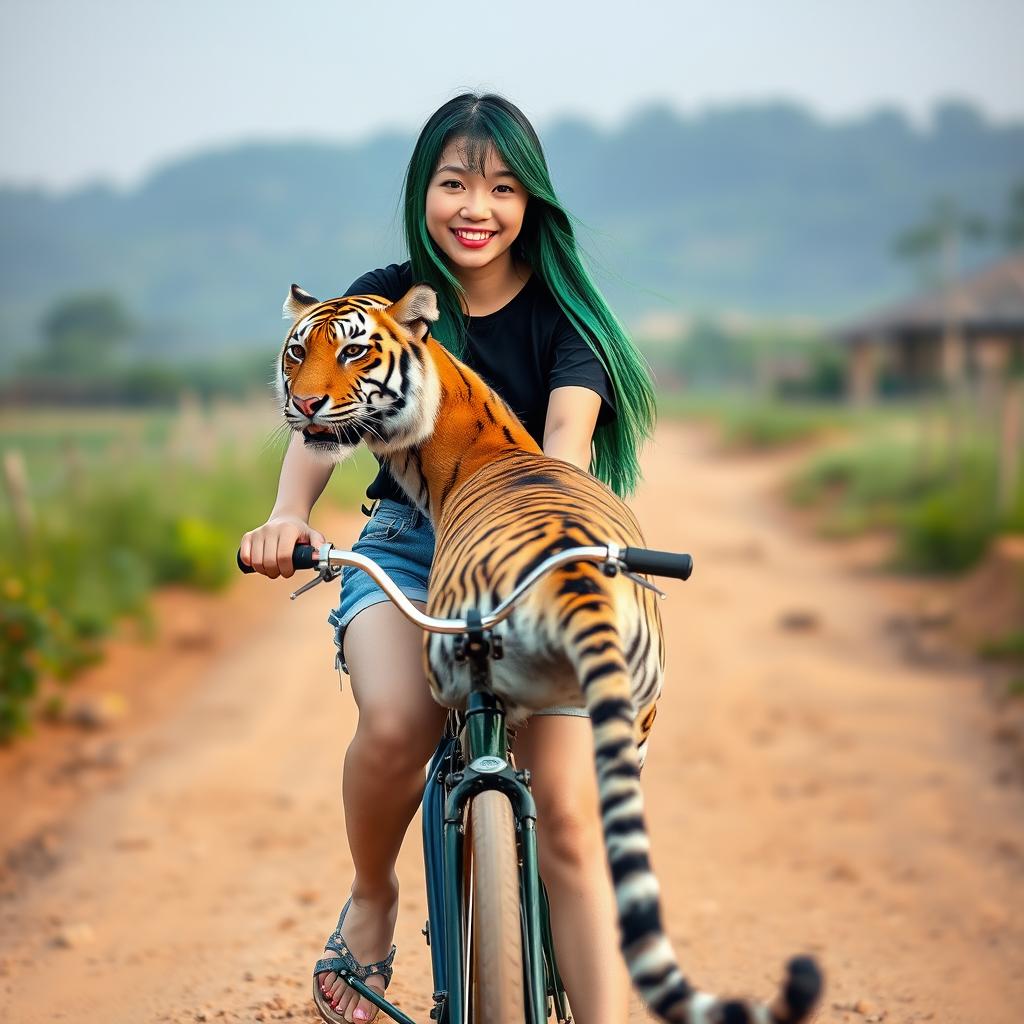 A beautiful Korean woman wearing a black t-shirt, short denim shorts, and flip-flops, with long straight green hair, is smiling softly while facing the camera