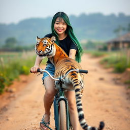 A beautiful Korean woman wearing a black t-shirt, short denim shorts, and flip-flops, with long straight green hair, is smiling softly while facing the camera