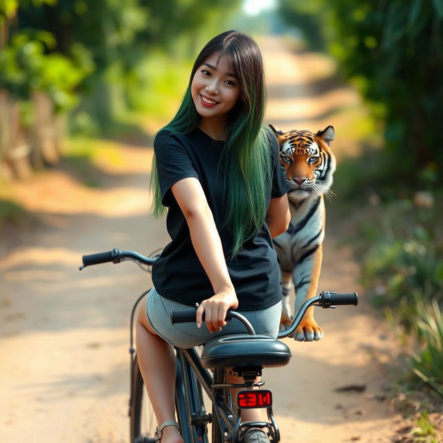 A beautiful Korean woman wearing a black t-shirt, short jeans, and flip-flops, with long straight green hair facing the camera