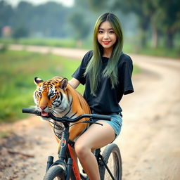 A beautiful Korean woman wearing a black t-shirt, short jeans, and flip-flops, with long straight green hair facing the camera