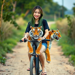 A beautiful Korean woman wearing a black t-shirt, short jeans, and flip-flops, with long straight green hair facing the camera