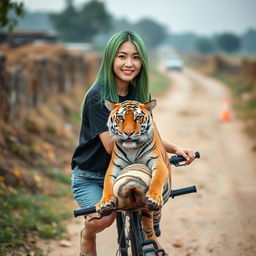 A beautiful Korean woman with long straight green hair, wearing a black t-shirt, short denim jeans, and flip-flops, facing the camera with a gentle smile while riding a bicycle