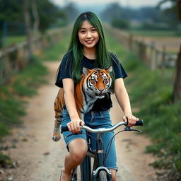 A beautiful Korean woman with long straight green hair, wearing a black t-shirt, short denim jeans, and flip-flops, facing the camera with a gentle smile while riding a bicycle