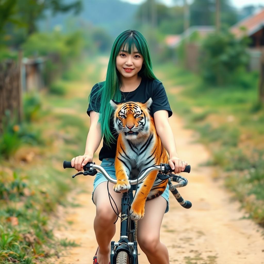 A beautiful Korean woman with long straight green hair, wearing a black t-shirt, short denim jeans, and flip-flops, facing the camera with a gentle smile while riding a bicycle