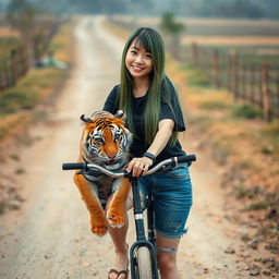 A beautiful Korean woman with long straight green hair, wearing a black t-shirt, short denim jeans, and flip-flops, facing the camera with a gentle smile while riding a bicycle