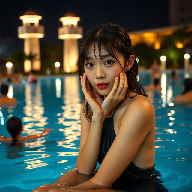 A stunning young Japanese college student woman with wet hair, wearing a black halter-style swimsuit, sitting in a serene pool at night