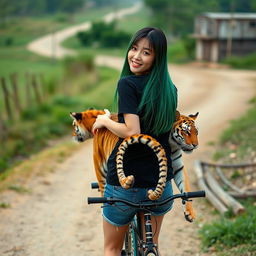 A beautiful Korean woman wearing a black t-shirt, short denim shorts, and flip-flops