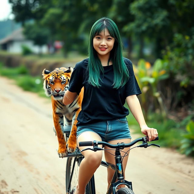 A beautiful Korean woman wearing a black t-shirt, short denim shorts, and flip-flops