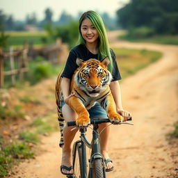 A beautiful Korean woman wearing a black t-shirt, short denim shorts, and flip-flops