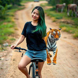 A beautiful Korean woman wearing a black t-shirt, short denim shorts, and flip-flops