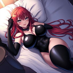 A captivating anime girl with long, vibrant red hair and large voluptuous breasts, wearing a tight black latex bodysuit that hugs her curves perfectly