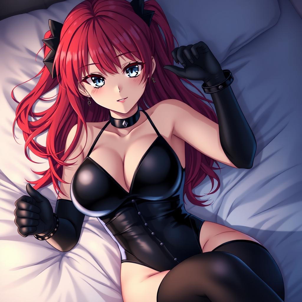 A captivating anime girl with long, vibrant red hair and large voluptuous breasts, wearing a tight black latex bodysuit that hugs her curves perfectly