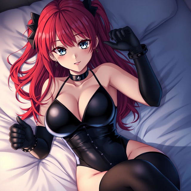 A captivating anime girl with long, vibrant red hair and large voluptuous breasts, wearing a tight black latex bodysuit that hugs her curves perfectly