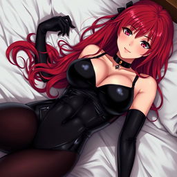 A captivating anime girl with long, vibrant red hair and large voluptuous breasts, wearing a tight black latex bodysuit that hugs her curves perfectly