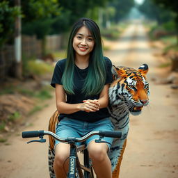 A beautiful Korean woman wearing a black t-shirt and short jeans, with long straight green hair