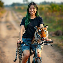 A beautiful Korean woman wearing a black t-shirt and short jeans, with long straight green hair