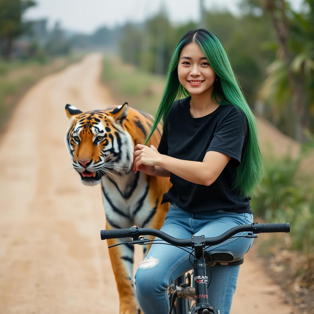 A beautiful Korean woman wearing a black t-shirt and short jeans, with long straight green hair