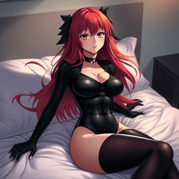 A seductive anime girl with long, lustrous red hair and large, voluptuous breasts, clad in a tight black latex bodysuit that accentuates her figure