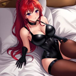 A seductive anime girl with long, lustrous red hair and large, voluptuous breasts, clad in a tight black latex bodysuit that accentuates her figure